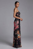 Strapless Mermaid Ruched Black Cut Out Floral Formal Dress