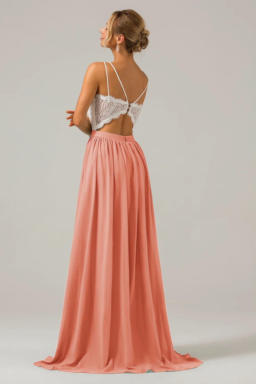 A Line Spaghetti Straps Pleated Long Bridesmaid Dress With Lace