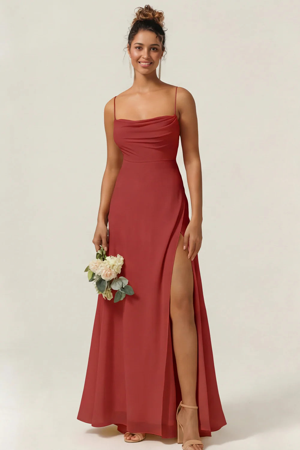 Blue Flower A Line Spaghetti Straps Chiffon Long Bridesmaid Dress with Slit