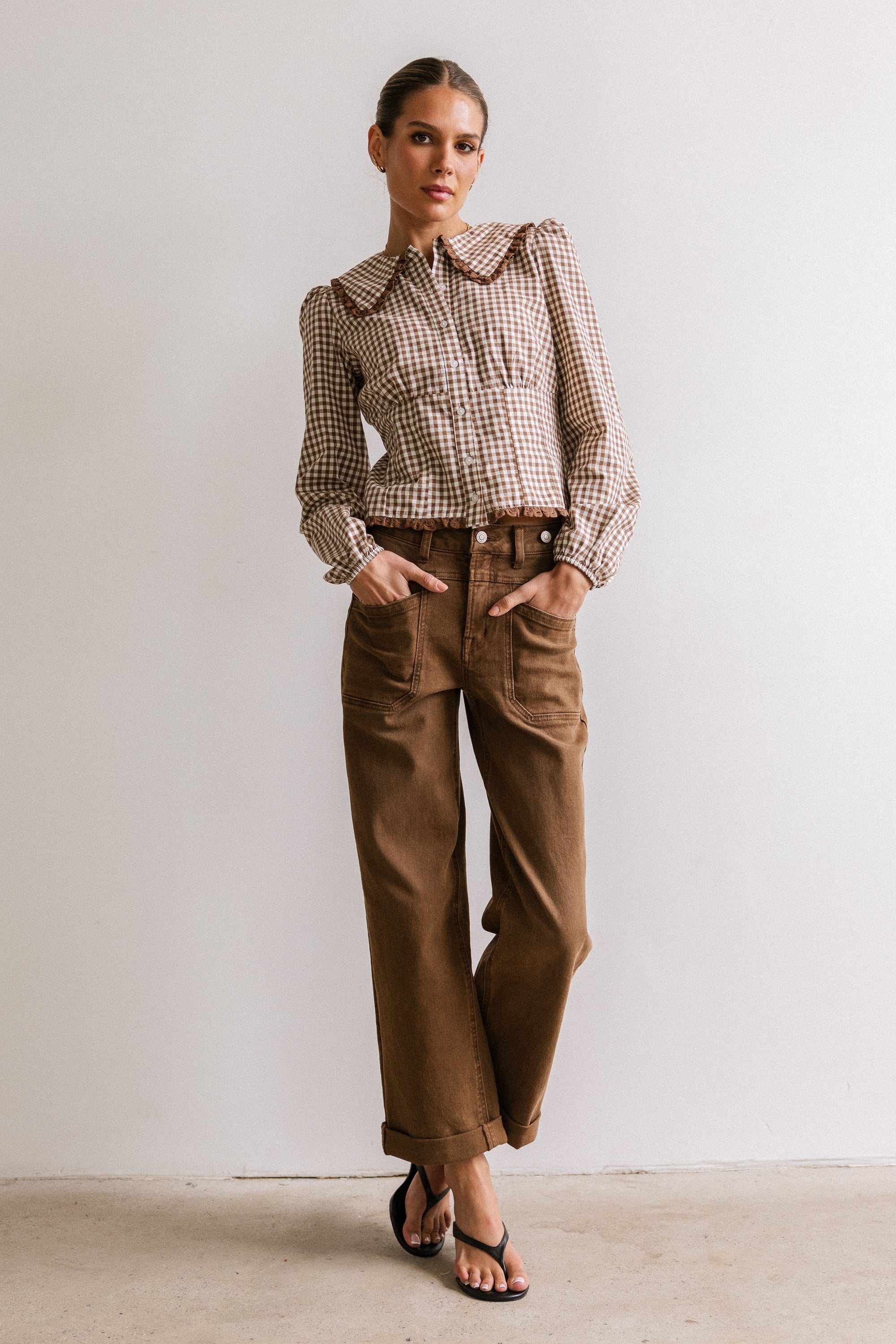 Brenna Gingham Blouse in Mocha FINAL SALE
