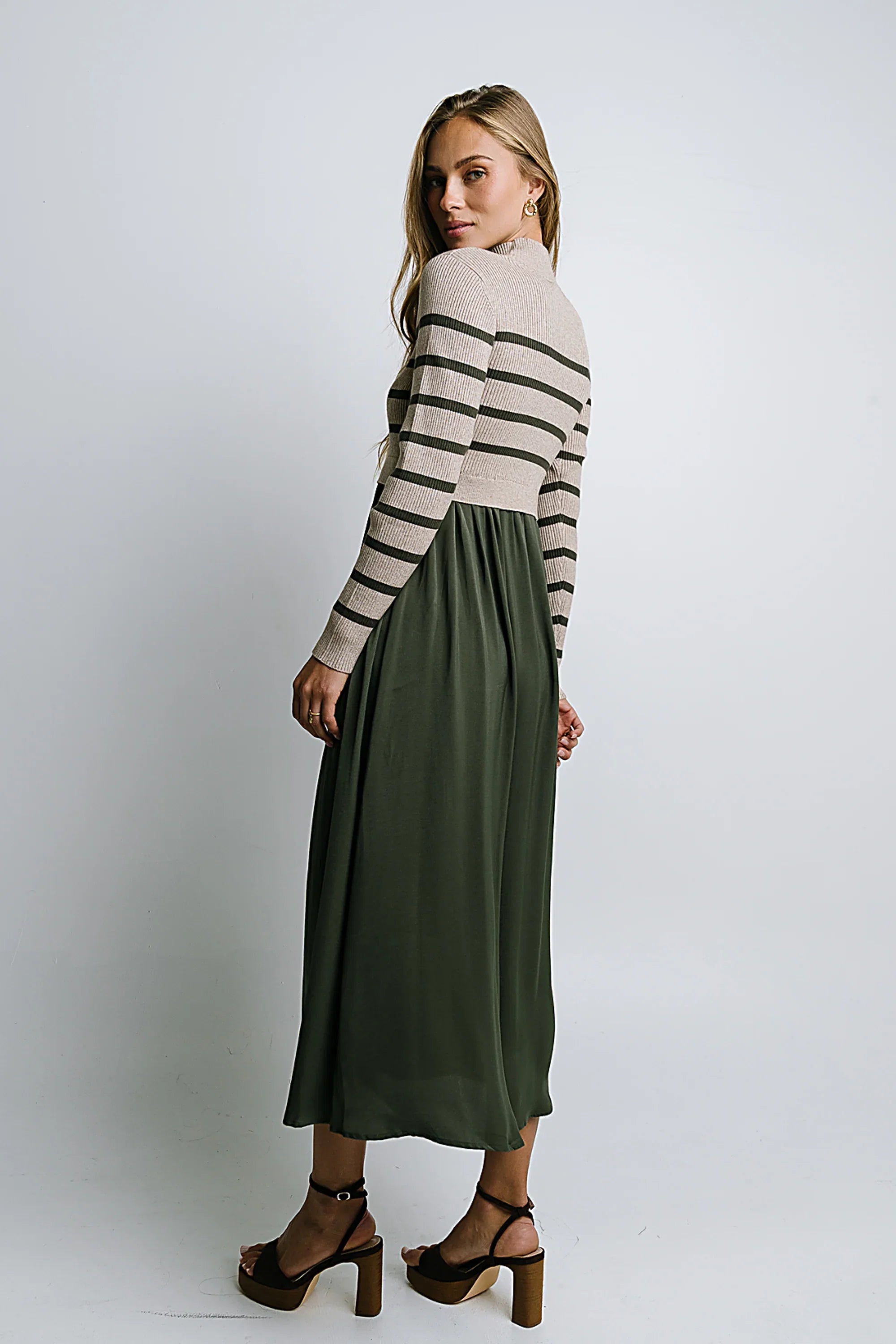 Zeda Midi Dress in Olive Stripe