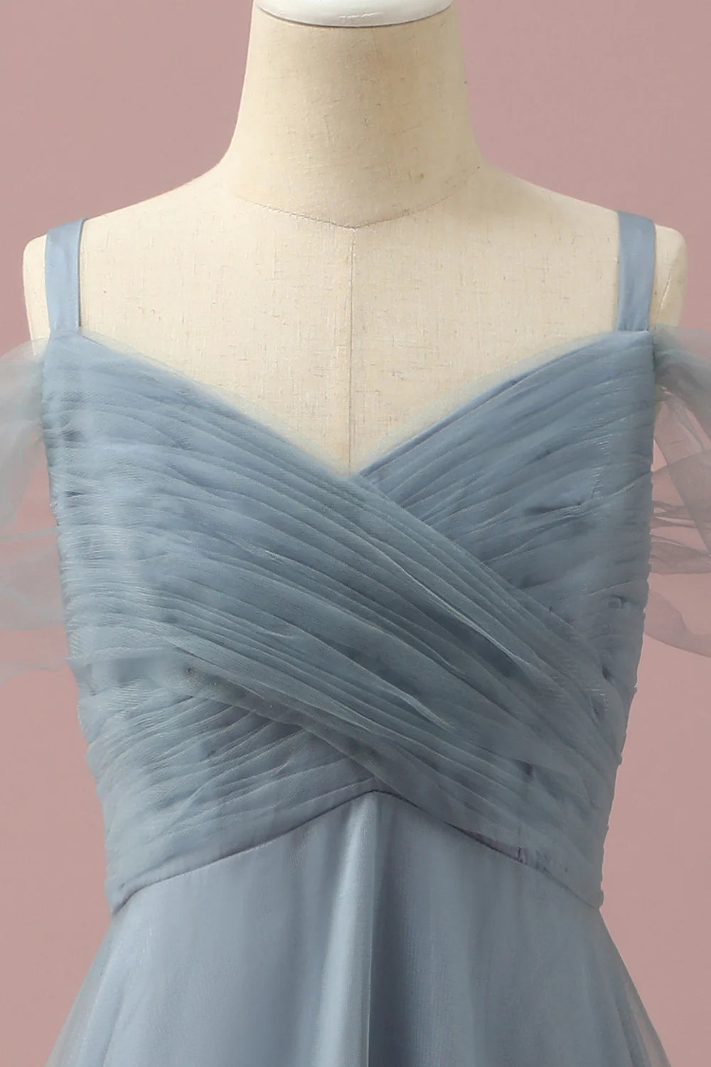 Grey Blue A Line Cold Shoulder Floor Length Tulle Junior Bridesmaid Dress