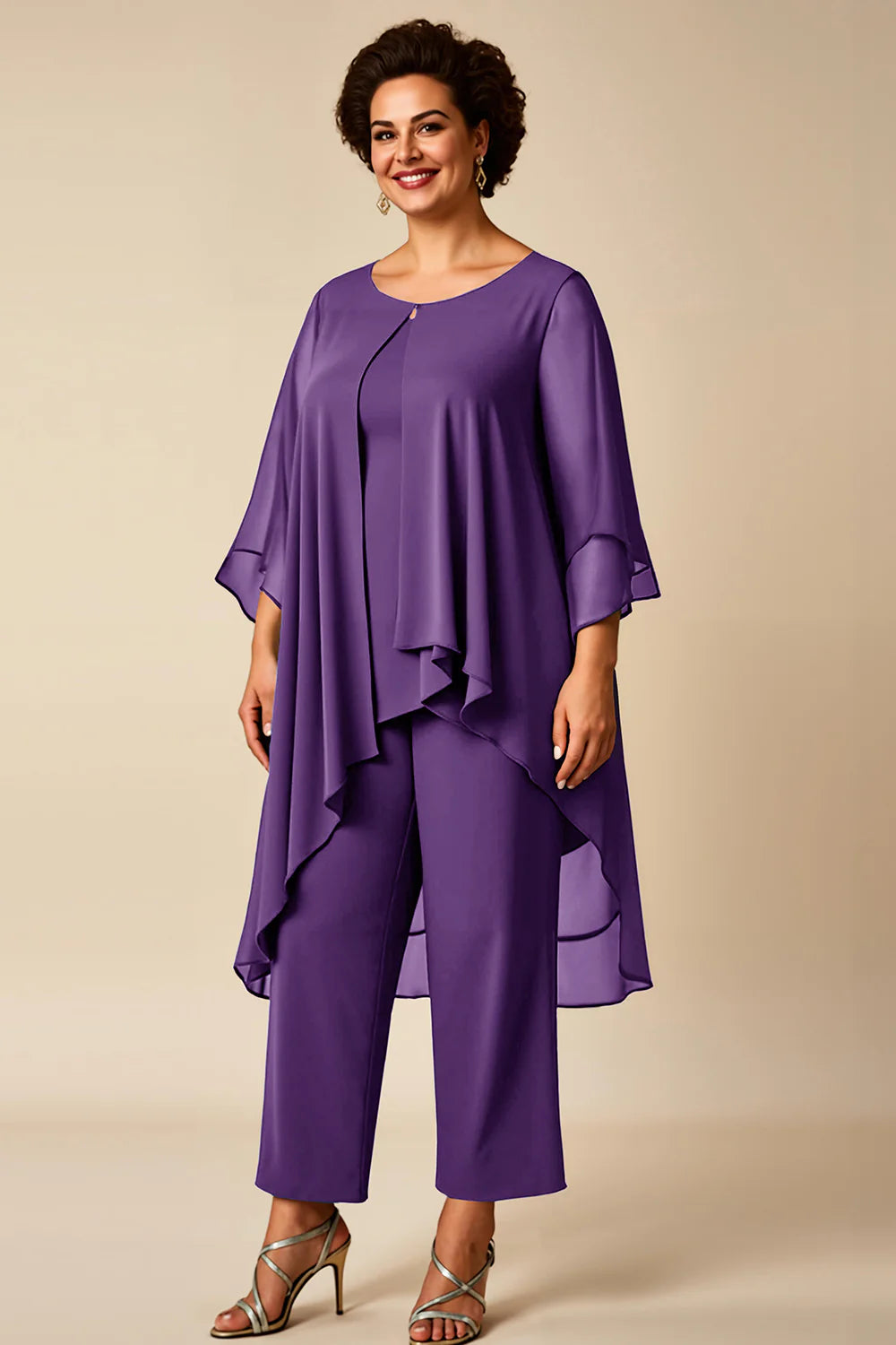 Dusty Rose 2 Piece Round Neck Chiffon Mother of the Bride Pant Suits
