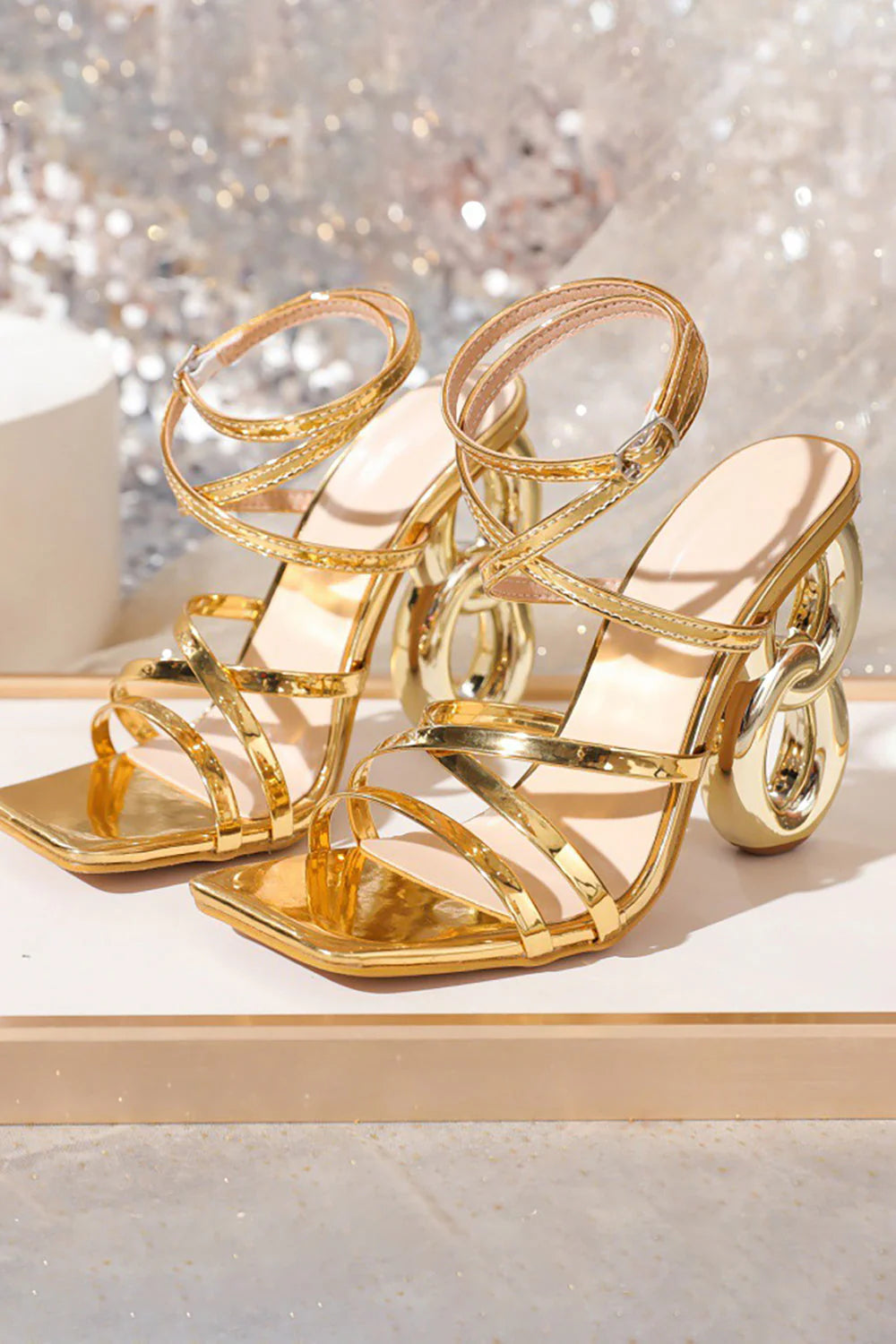 Womens Gold Ankle Strap High Heel Sandals With Unique Heel Design