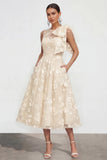 Floral Apricot A Line Bowed Midi Wedding Guest Dress