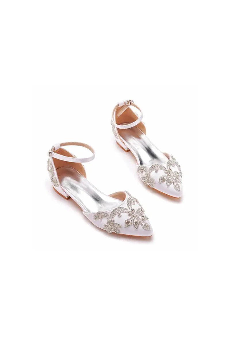 White Satin Rhinestone Flowers Pointed Toe Ankle Strap Chunky Heels