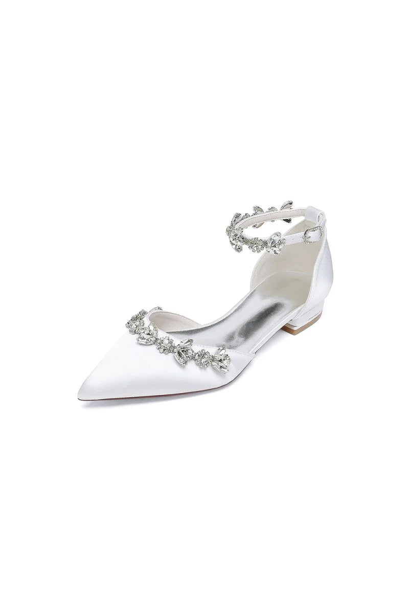 Pointed Toe Rhinestone Beaded Ankle Strap Kitten Heels