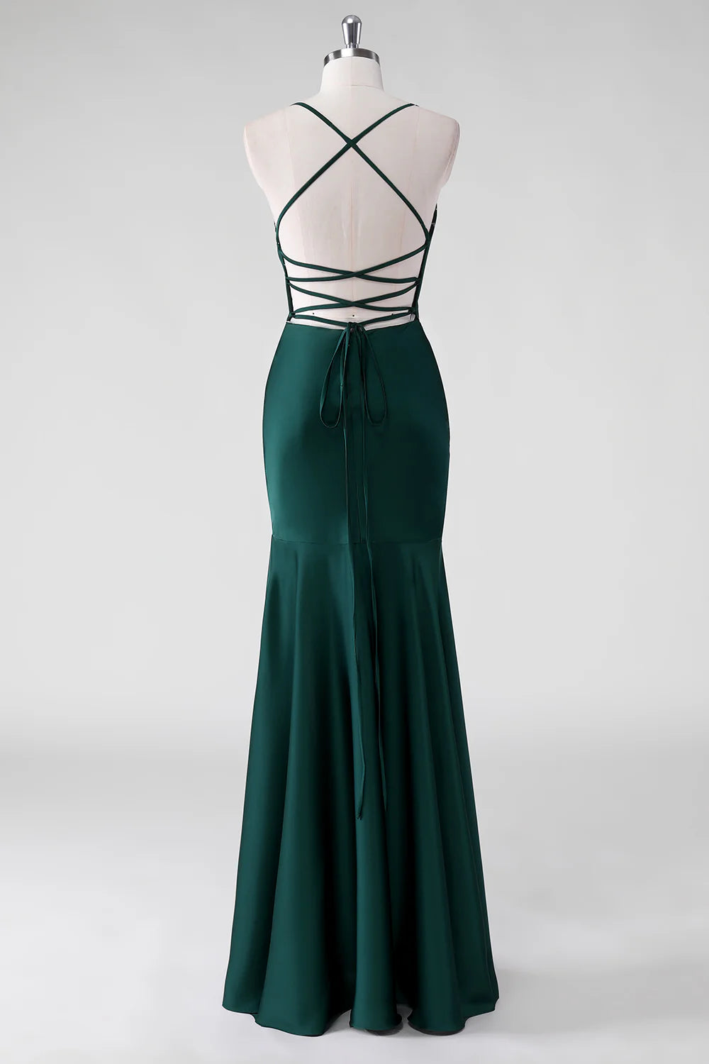 Pine Sheath Spaghetti Straps Satin Floor Length Bridesmaid Dress with Lace Up Back
