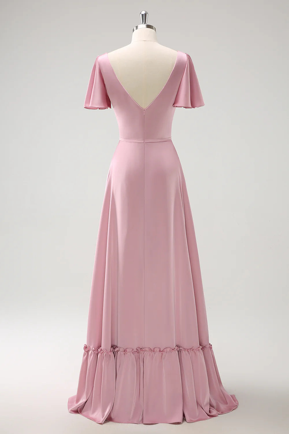 Blush Pink A Line V Neck Ruffle Sleeves Long Satin Bridesmaid Dress