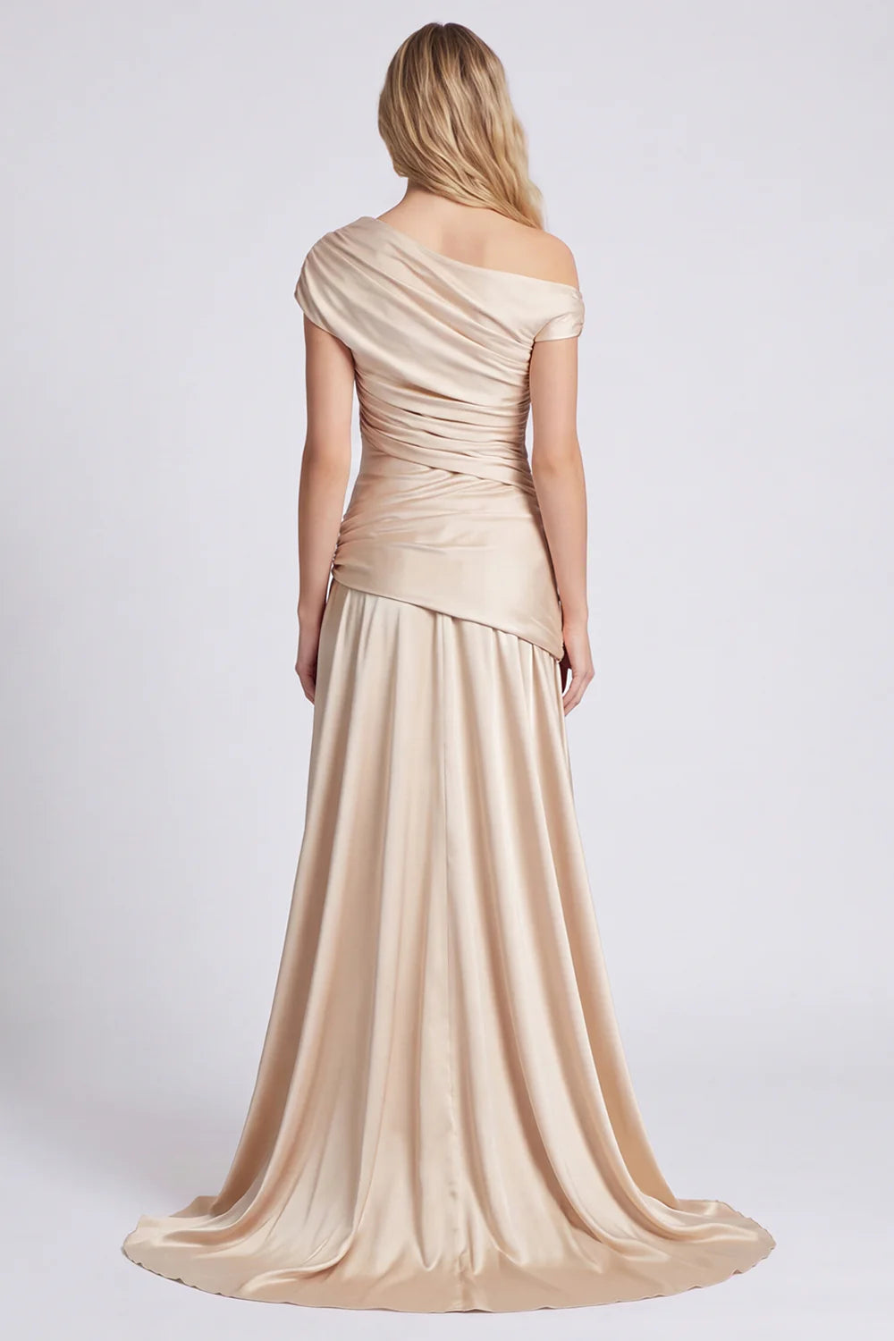Off the Shoulder Champagne Ruched Satin Formal Dress