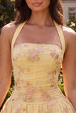 Yellow Halter Corset A Line Embroidered Short Homecoming Dress