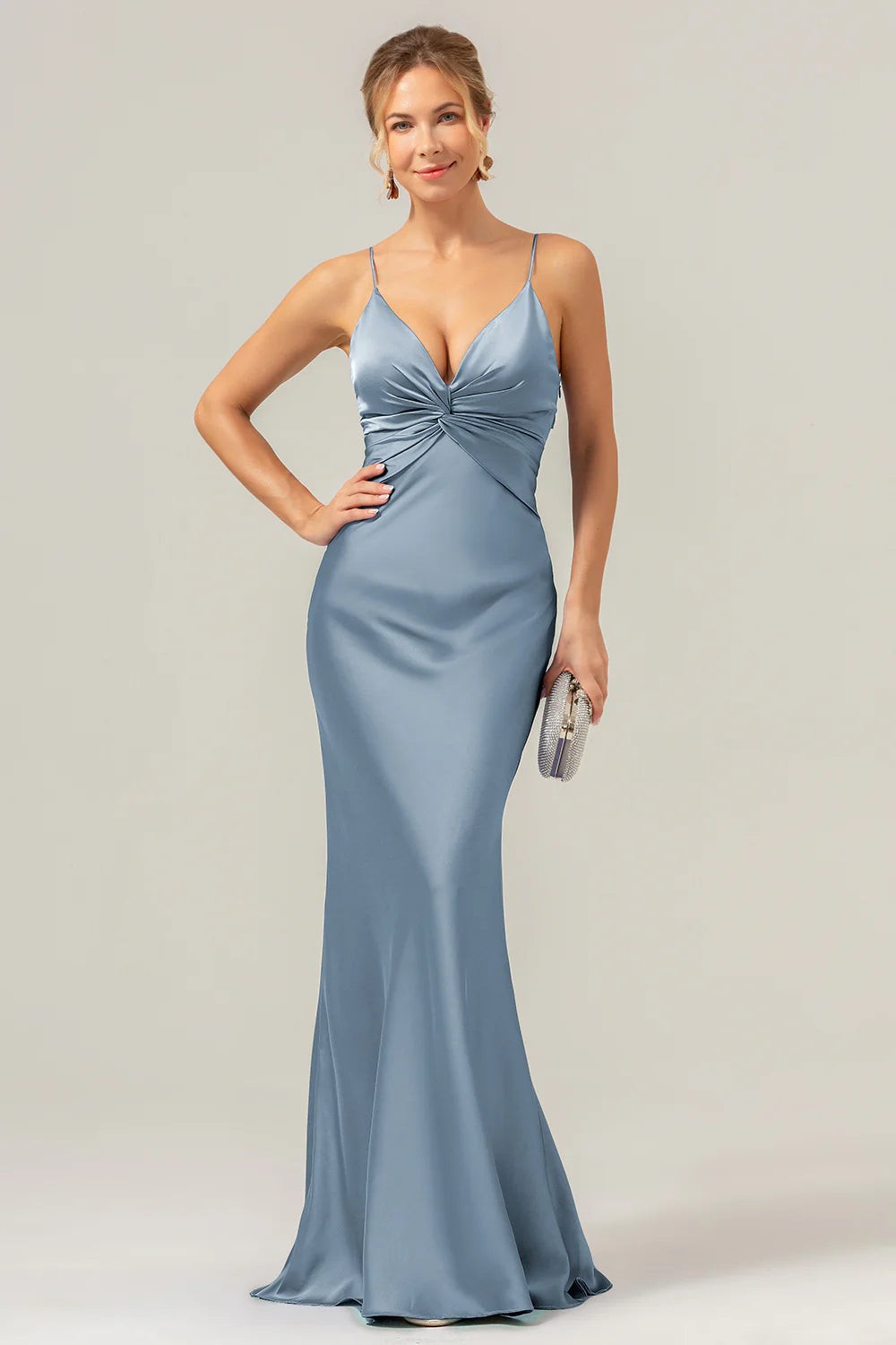 Daffodil Mermaid Spaghetti Straps Front Pleated Long Bridesmaid Dress