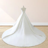 White Satin Cap Sleeve Lace Up Wedding Dress With Pearls
