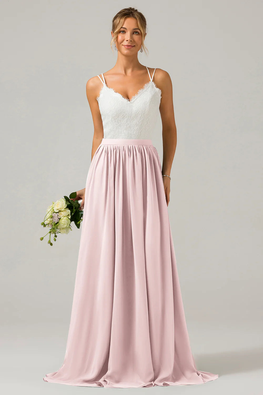 A Line Spaghetti Straps Pleated Long Bridesmaid Dress With Lace