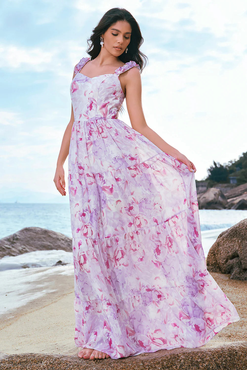 Stylish Grey Purple A Line Square Neck Print Floral Long Bridesmaid Dress with Lace Up Back
