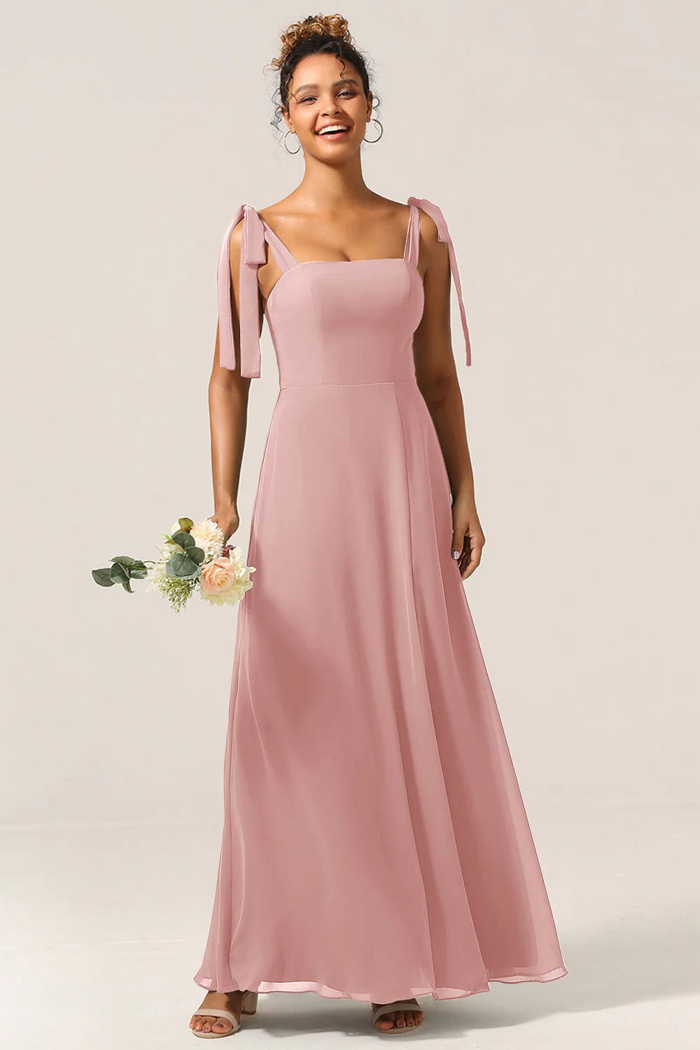 A Line Spaghetti Straps Floor Length Chiffon Bridesmaid Dress with Slit