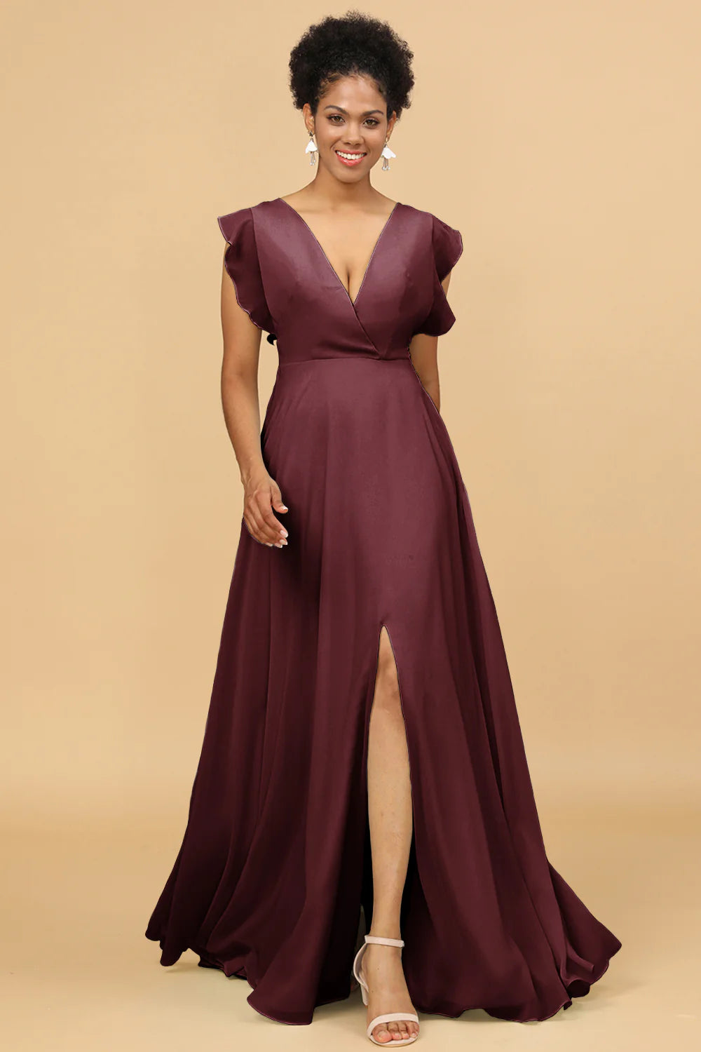 A Line V Neck Floor Length Chiffon Bridesmaid Dress with Slit