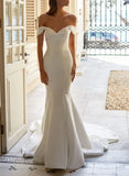 Trumpet Mermaid Off the Shoulder Sweep Train Satin Wedding Dress