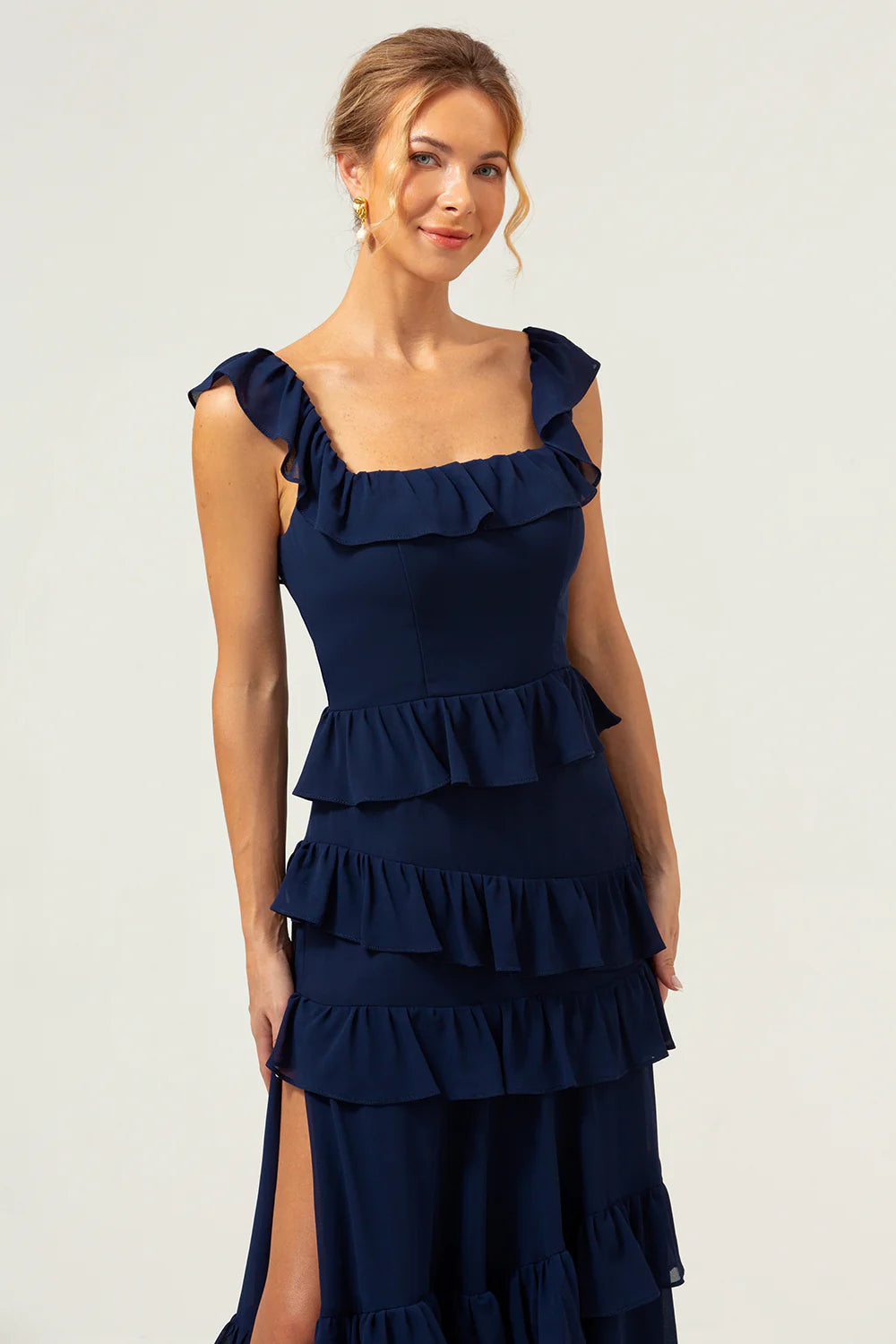 Dark Navy A Line Square Neck Tiered Long Bridesmaid Dress
