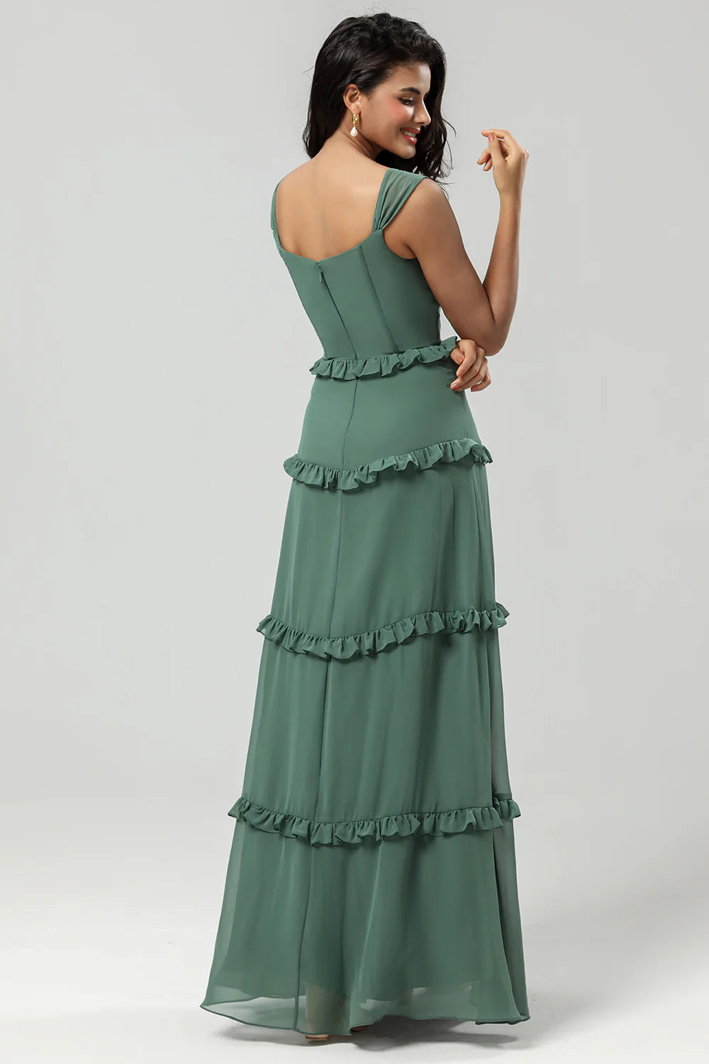 Elegant Eucalyptus A Line Spaghetti Straps Chiffon Long Bridesmaid Dress