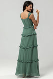 Elegant Eucalyptus A Line Spaghetti Straps Chiffon Long Bridesmaid Dress