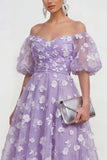 Off the Shoulder Floral Lilac Ruched A Line Wedding Guest Dress