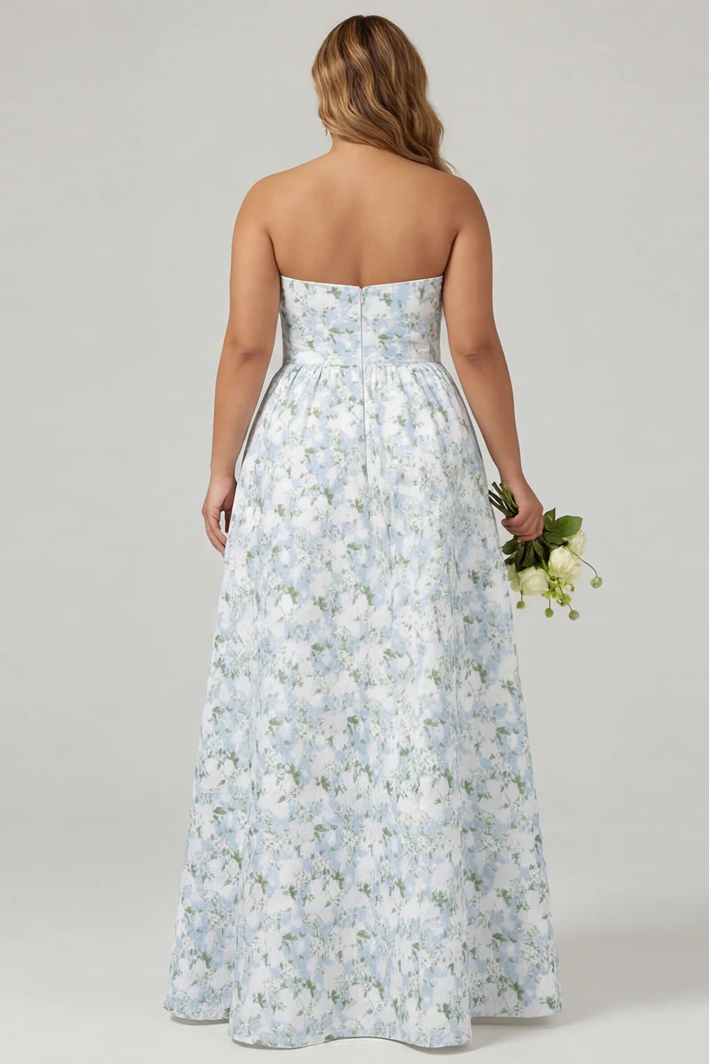 Blue Strapless Print A Line White Floral Long Satin Dress with Pockets