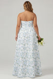 Blue Strapless Print A Line White Floral Long Satin Dress with Pockets