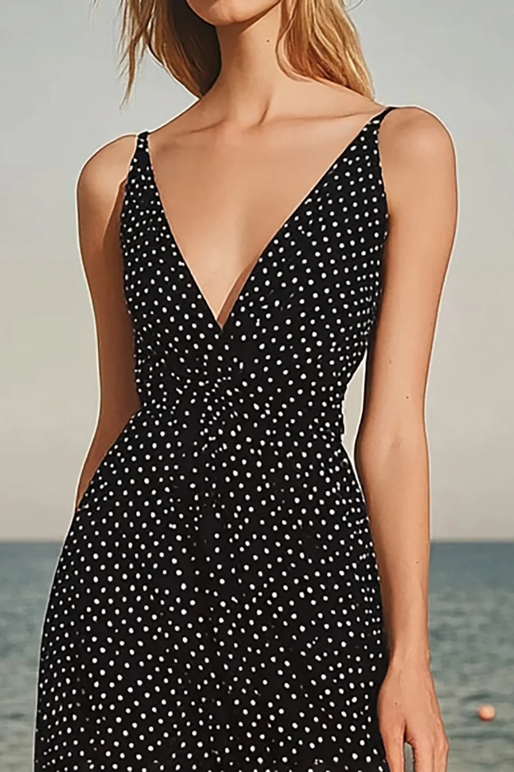 Black Polka Dots V Neck Midi Graduation Dress
