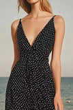 Black Polka Dots V Neck Midi Graduation Dress