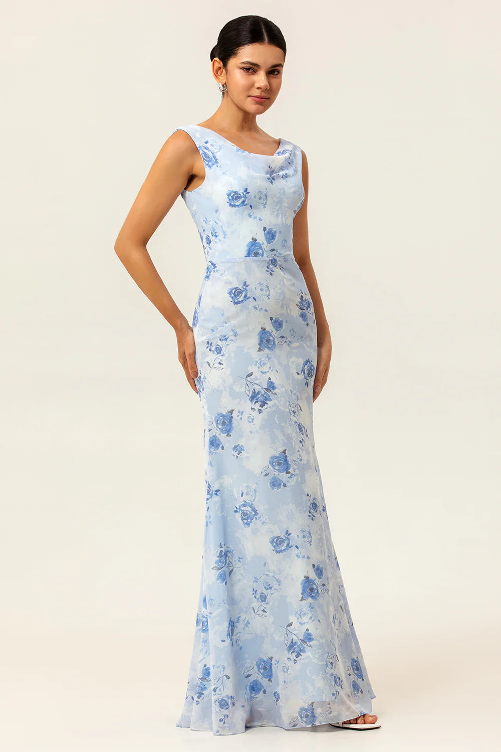Blue Sheath Open Back Print Floral Chiffon Long Bridesmaid Dress