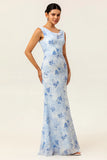Blue Sheath Open Back Print Floral Chiffon Long Bridesmaid Dress