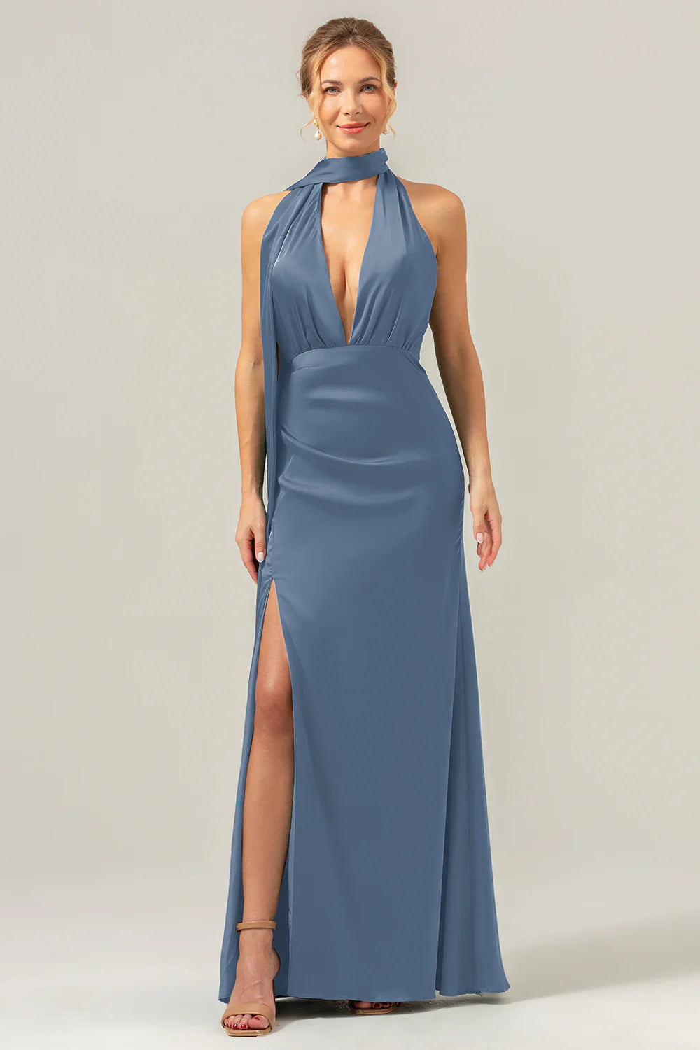 Peacock Sheath Deep V Neck Open Back Convertible Long Satin Bridesmaid Dress with Streamer