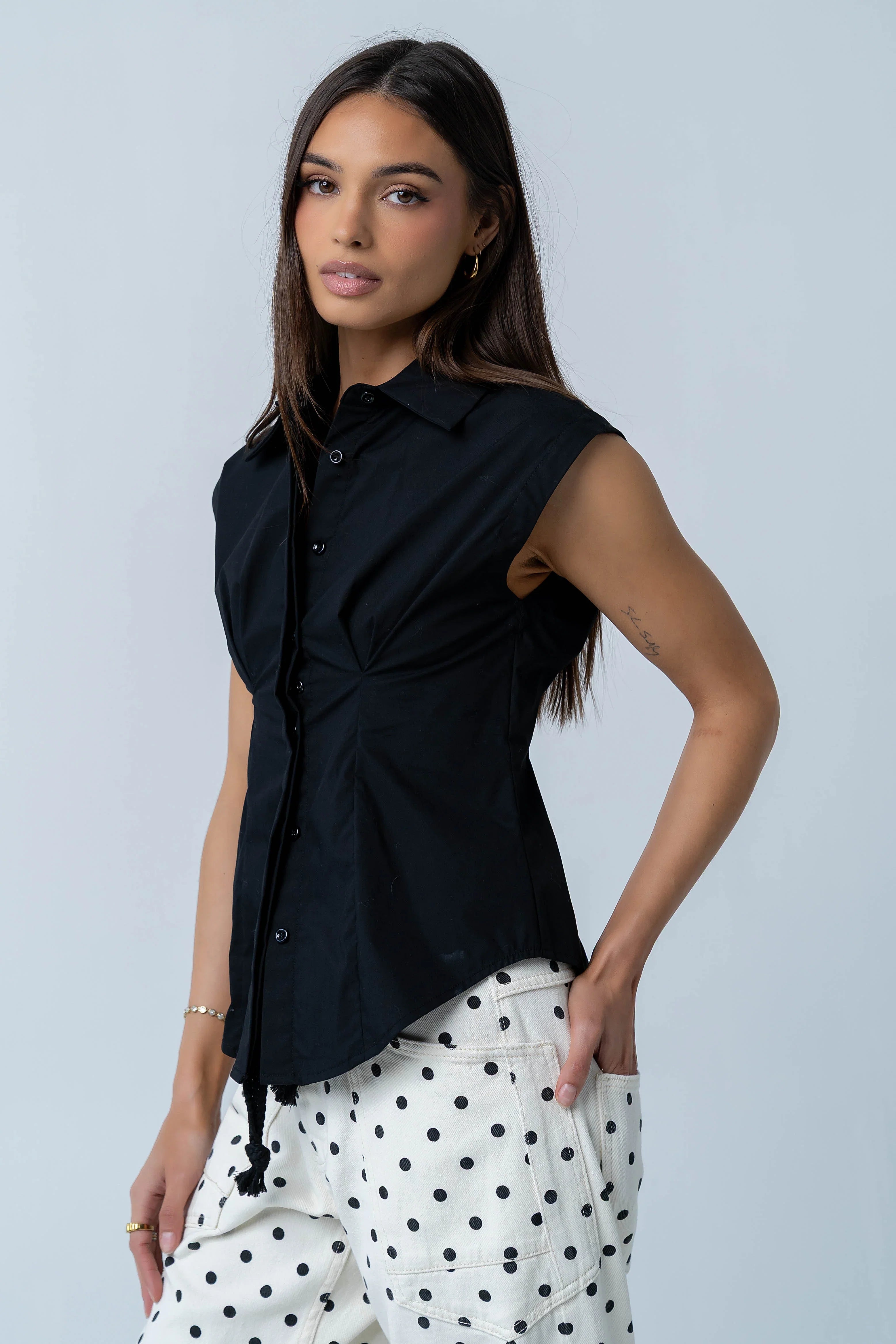 Remi Pleated Button Up in Black