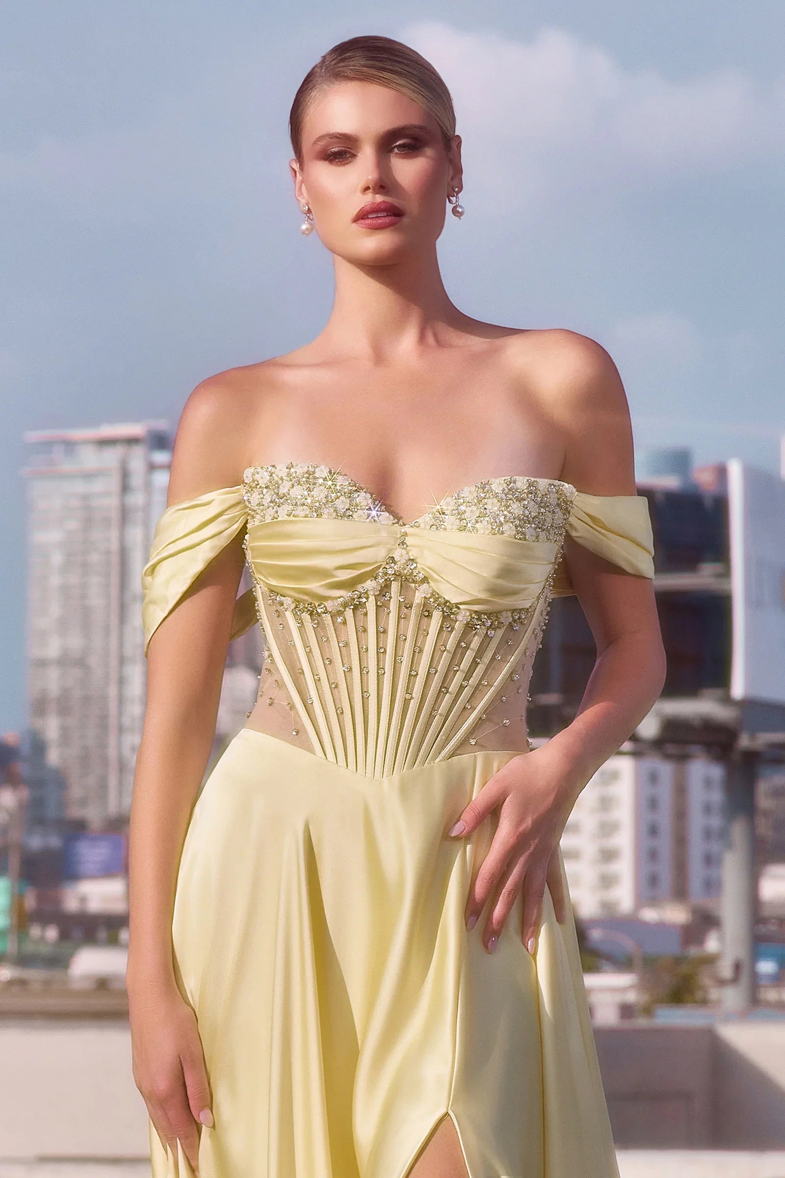 Melanie Gown A line Dress with Beaded Bodice Corset Back