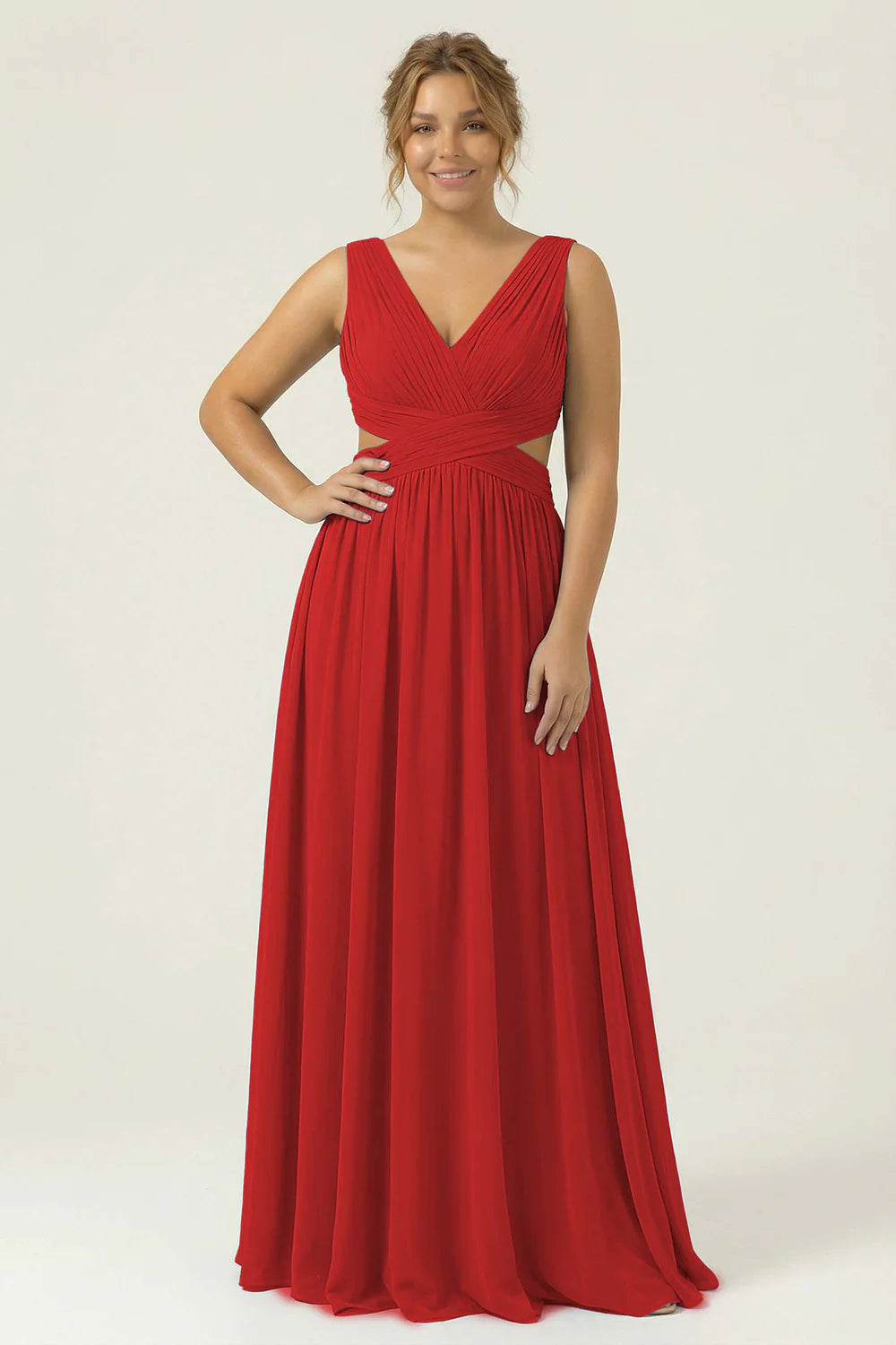 Dusty Blue A Line V Neck Chiffon Long Plus Size Bridesmaid Dress