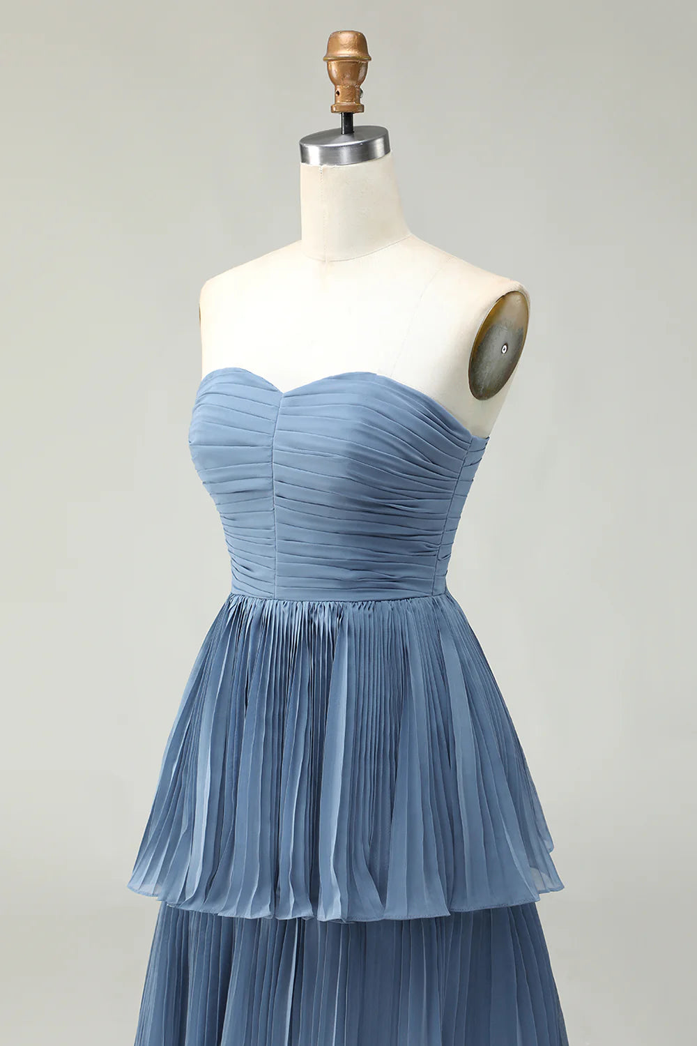 Dusty Blue A Line Strapless Pleated Tiered Long Bridesmaid Dress with Ruffles