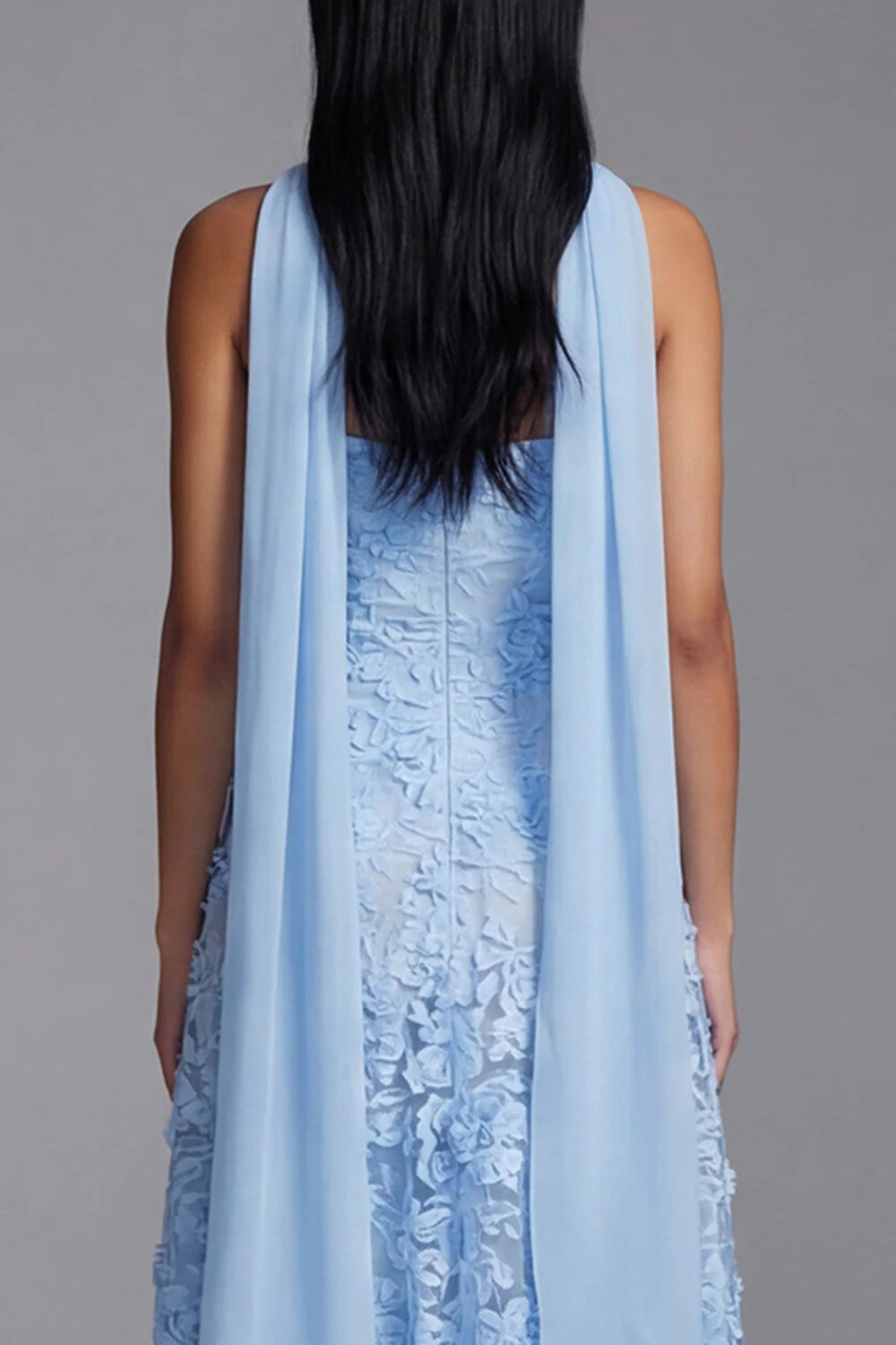 Strapless Blue Appliqued A Line Midi Wedding Guest Dress