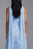 Strapless Blue Appliqued A Line Midi Wedding Guest Dress