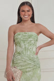 Sage Green Floral Strapless Corset Long Bridesmaid Dress with Slit