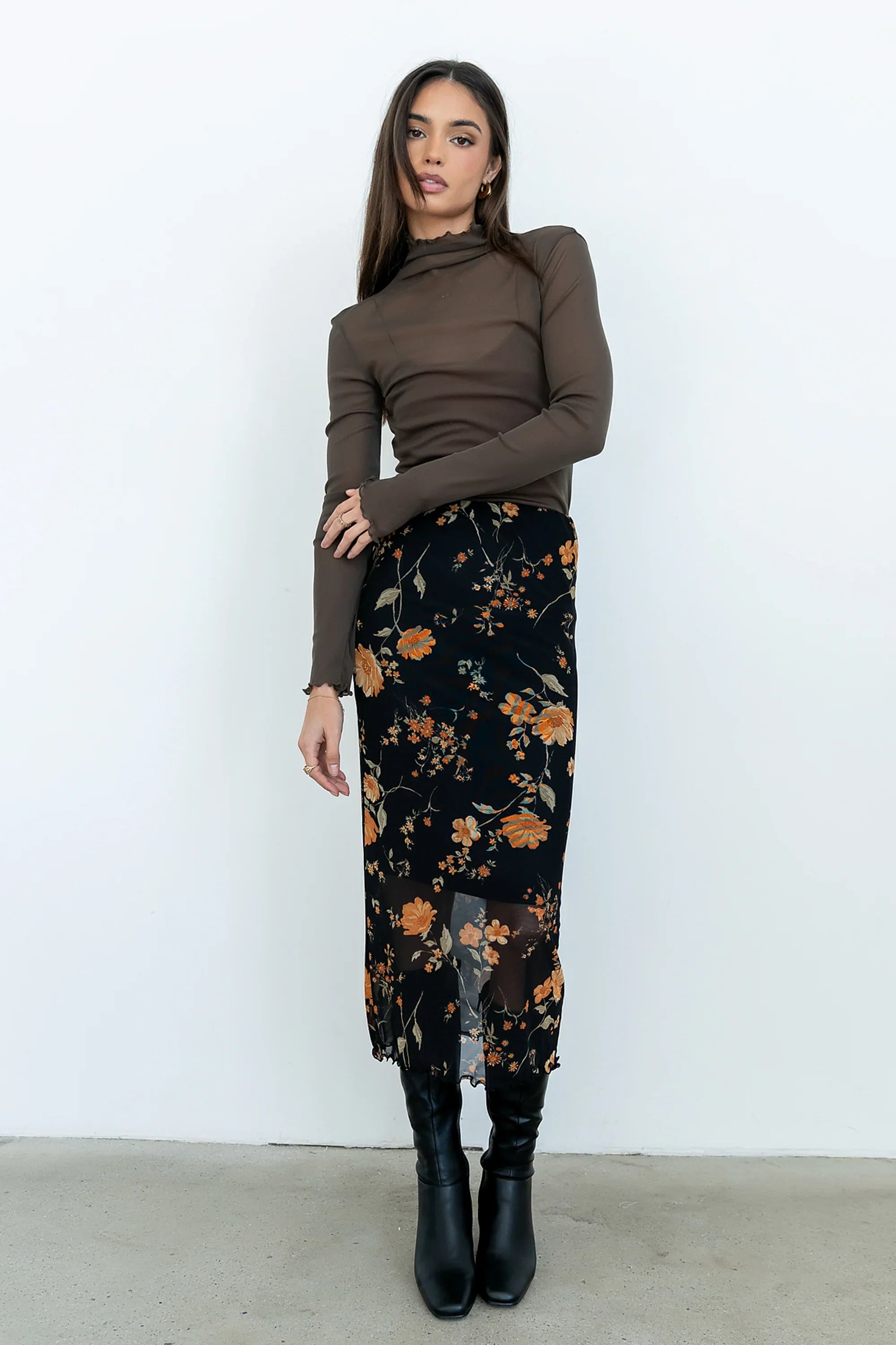 Carly Mesh Midi Skirt in Black