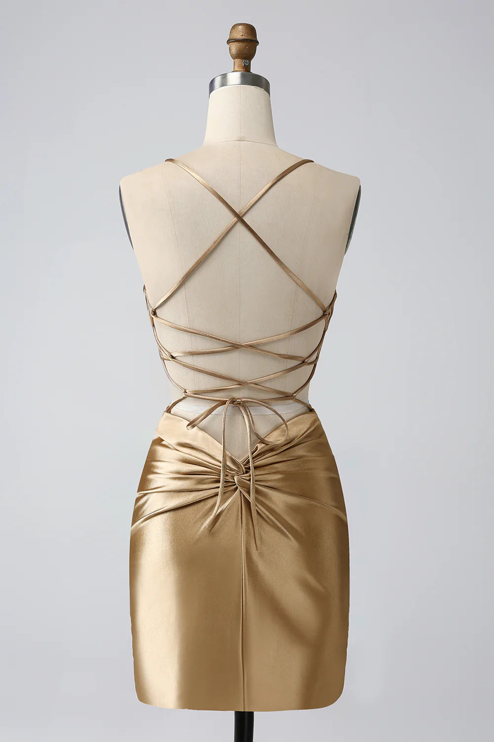 Golden Bodycon Spaghetti Straps Lace up Back Short Homecoming Dress