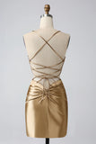 Golden Bodycon Spaghetti Straps Lace up Back Short Homecoming Dress