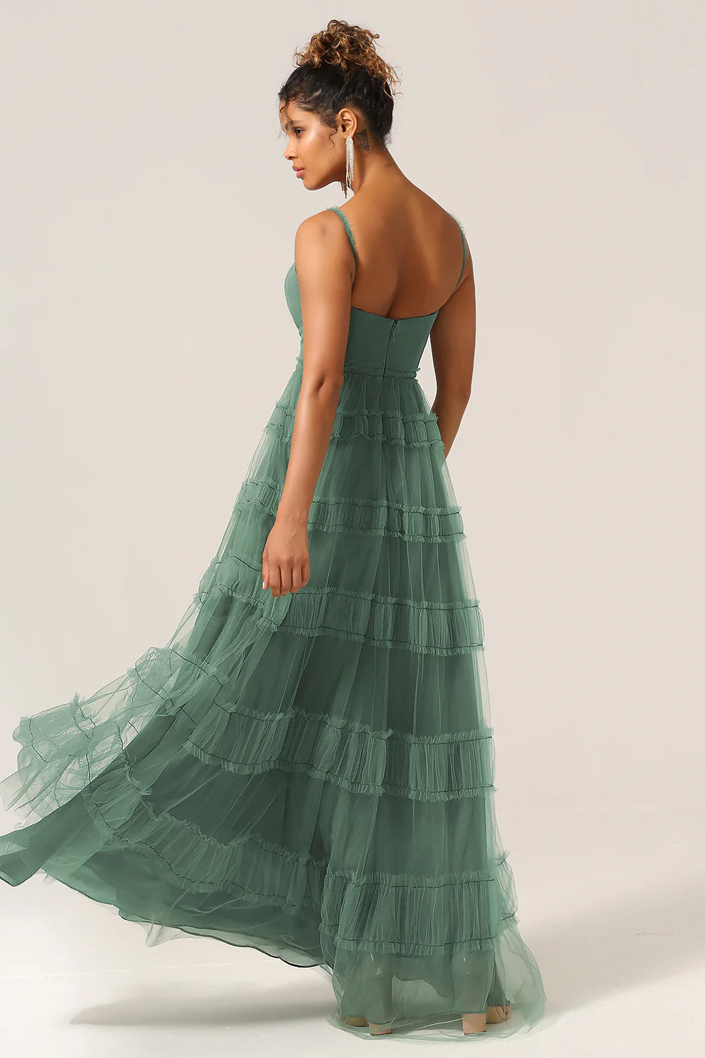 Eucalyptus A Line Spaghetti Straps Tiered Tulle Plus Size Bridesmaid Dress