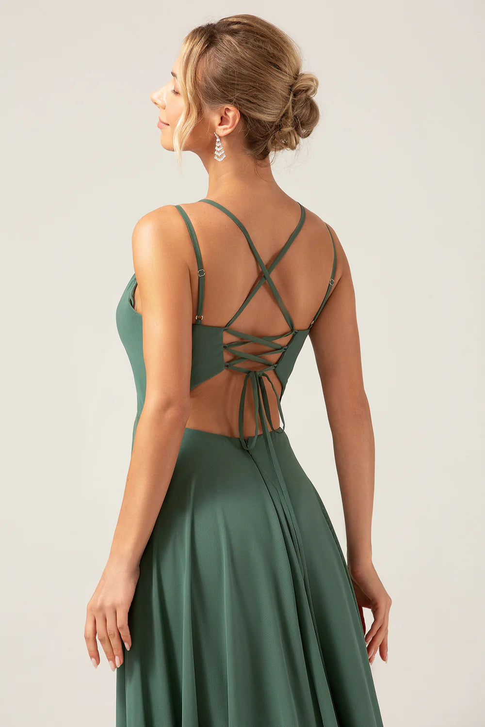 A Line Spaghetti Straps Pleated Chiffon Eucalyptus Bridesmaid Dress With Slit