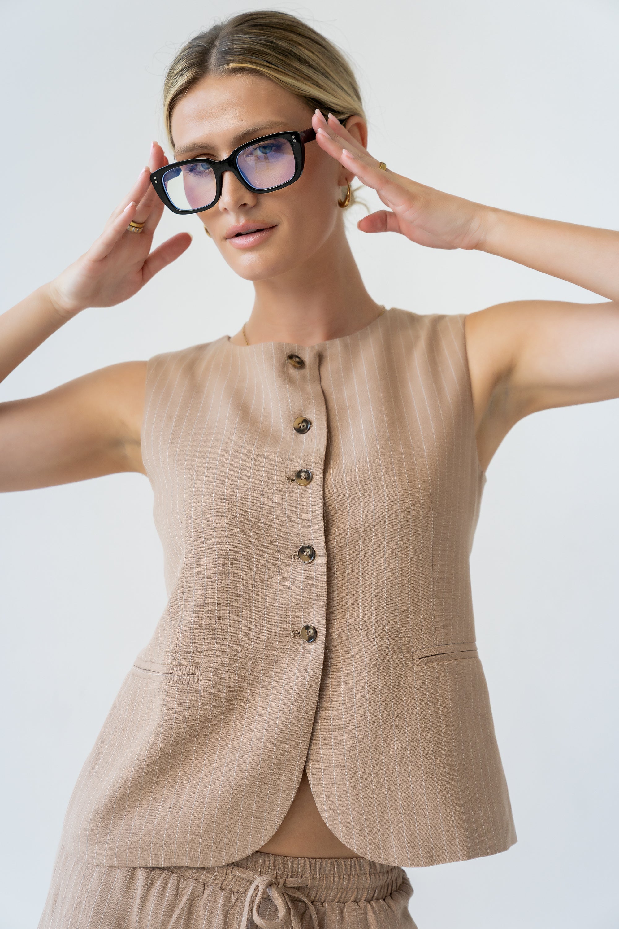 Vivienne Pinstripe Sleeveless Vest in Tan