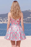 Silver A Line Strapless Short Homecoming Dress with Pink Bows