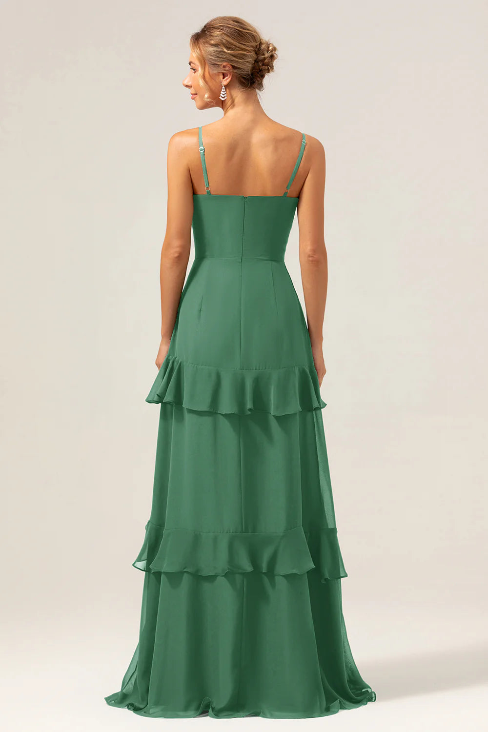 Dark Green A Line Spaghetti Straps Ruffled Chiffon Floor Length Bridesmaid Dress with Slit
