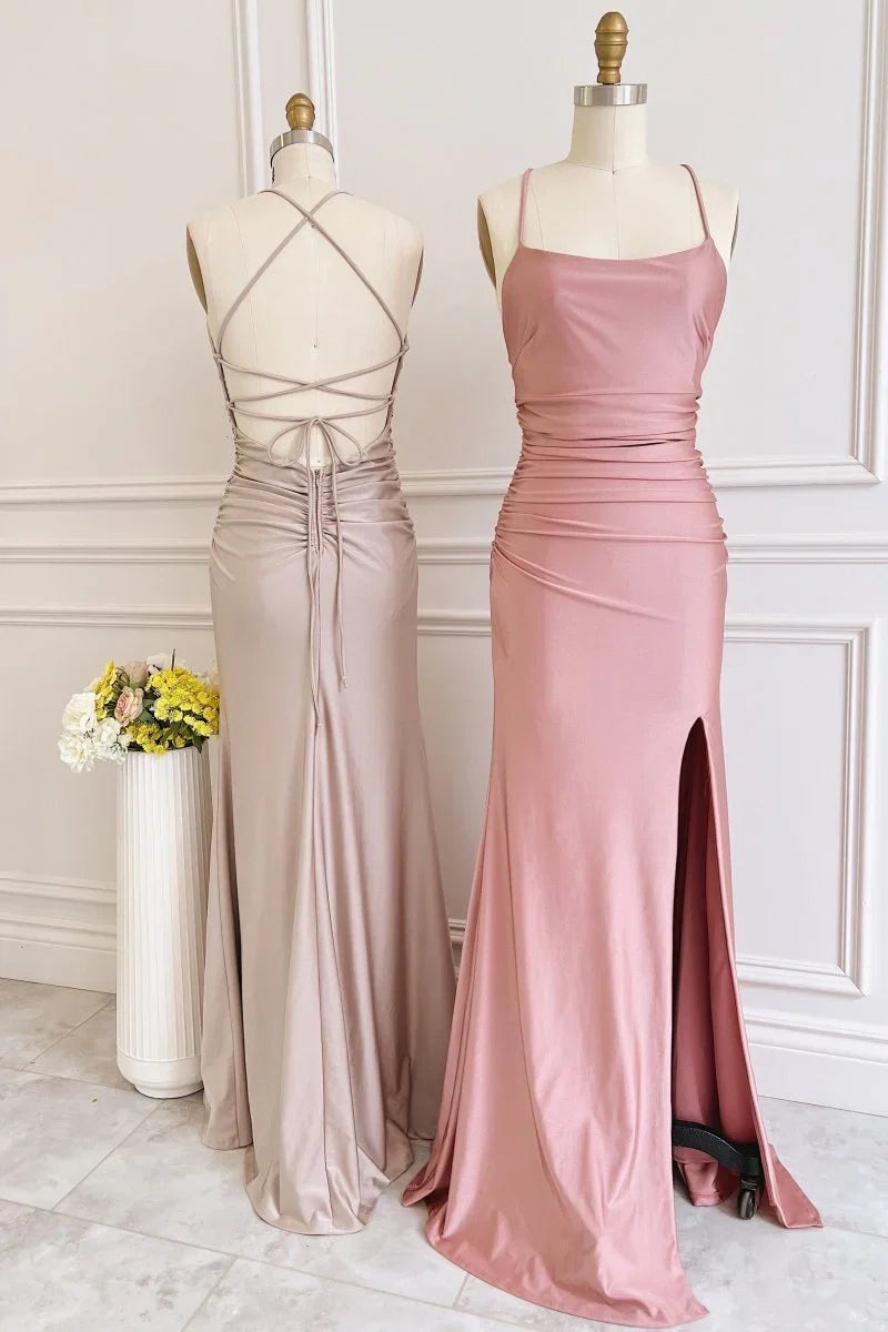 Dusty Pink Satin Lace Up Sheath Long Bridesmaid Dress with Slit