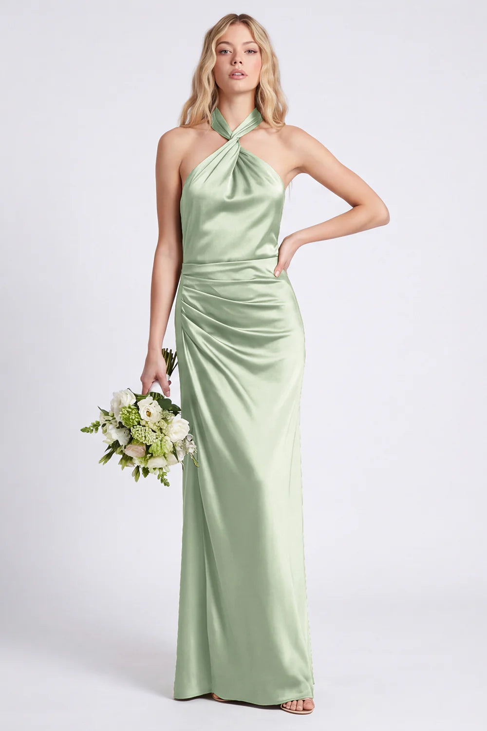 Green Halter Mermaid Ruched Long Bridesmaid Dress